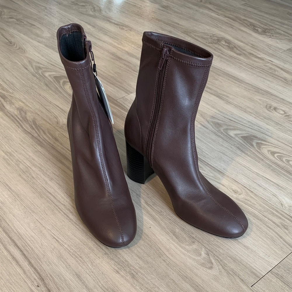 Minimalist Brown Burgundy Ankle Heeled Boots